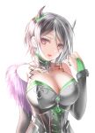  1girl armor bang_dream! bare_shoulders black_hair black_nails blush breasts bridal_gauntlets choker cleavage covered_collarbone detached_sleeves forehead_jewel fur_shawl gem highres horns lace-trimmed_choker lace_trim large_breasts looking_at_viewer medium_hair open_mouth purple_eyes see-through see-through_cleavage shawl simple_background smile solo swept_bangs totoshion white_background yashio_rui 