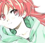  1girl black_shirt closed_mouth collarbone commentary_request eyelashes green_hood green_jacket hood hood_down hooded_jacket jacket long_hair looking_at_viewer mahou_shoujo_madoka_magica mahou_shoujo_madoka_magica_(anime) no+bi= ponytail red_eyes red_hair sakura_kyoko shirt simple_background smile solo upper_body white_background 