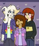  ambiguous/ambiguous ambiguous_gender asriel_dreemurr blonde_hair blue_eyes boss_monster brown_hair caprine chara_(undertale) ear_piercing girly goat goatboyalex group hair heart_locket heart_necklace heterochromia human jewelry male male/ambiguous mammal necklace piercing protagonist_(undertale) purple_background rainbow_earring romantic_couple simple_background undertale video_games white_hair 