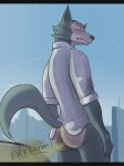 anthro beastars bodily_fluids bottomless bottomless_male butt canid canine canis city city_background cityscape claws clothed clothing day detailed_background embarrassed fart fart_cloud fart_fetish hi_res kurtis496 legoshi_(beastars) male mammal outside partially_clothed raised_tail shirt sky solo sweat sweatdrop t-shirt tail topwear wolf
