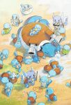  6+others blastoise blue_skin brown_eyes colored_skin ditto evolutionary_line fangs from_above highres multiple_others newo_(shinra-p) nose_bubble pokemon pokemon_(creature) shell shoulder_cannon sleeping squirtle stick sunglasses tail transformed_ditto wartortle wingull 