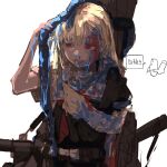  black_serafuku blonde_hair blood blood_from_eyes blood_in_hair blood_on_clothes blood_on_face blood_on_hands blue_blood commentary_request highres holding kantai_collection kappa_modoki long_hair machinery neckerchief nosebleed red_eyes red_neckerchief rigging sailor_collar school_uniform serafuku short_sleeves translation_request white_background yuudachi_(kancolle) 