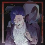  2boys absurdres ascot black_background brown_hair character_request closed_eyes collared_shirt fangs hand_on_another&#039;s_shoulder hand_up highres holding holding_pen hood hood_up long_sleeves looking_at_another male_focus multiple_boys open_mouth pen purple_hair red_eyes saibou_shinkyoku shirt short_hair upper_body white_ascot white_shirt yulei_yuuuuu 