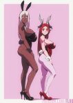  2girls animal_ears black_footwear black_leotard breasts dark-skinned_female dark_skin fake_animal_ears fishnet_pantyhose fishnets flou_(flou_art) full_body height_difference high_heels highres large_breasts leotard long_hair looking_at_viewer multiple_girls original panties pantyhose playboy_bunny pointy_ears pumps red_eyes red_footwear red_leotard rinn_(flou) slit_pupils standing stella_(flou) strapless strapless_leotard underwear white_eyes white_panties wrist_cuffs 