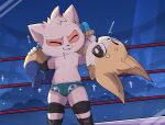 anthro blue_clothing blue_underwear carrying_on_shoulders clothing eye_contact fighting_ring green_clothing green_underwear hi_res league_of_legends looking_at_another male riot_games smite_(artist) smite_(character) submission_hold teemo_(lol) torture_rack_(wrestling_move) trapped underwear wrestling wrestling_clothing wrestling_gear yordle