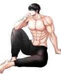  1boy abs artist_request barefoot black_hair black_pants full_body fushiguro_touji hand_on_floor highres jujutsu_kaisen male_focus mature_male muscular muscular_male nipples pants pectorals profile scar scar_on_face scar_on_mouth short_hair shredded_muscles sitting solo topless_male v-taper 
