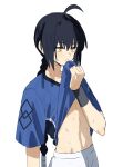  abs ahoge androgynous black_hair bracelet braid braided_ponytail fate/grand_order fate/samurai_remnant fate_(series) hair_intakes highres jewelry long_hair ninjin_(ne_f_g_o) shorts sidelocks simple_background single_braid soccer_uniform sportswear sweat yamato_takeru_(fate) 