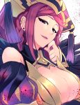  braid breasts cleavage commentary_request earrings fire_emblem fire_emblem_heroes hat highres jewelry large_breasts loki_(fire_emblem_heroes) nakabayashi_zun parted_lips purple_eyes purple_hair solo 