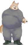 2024 absurd_res anthro bottomwear brown_body canid canine canis clothing domestic_dog en_1_9 eyes_closed hi_res humanoid_hands kemono male mammal open_mouth overweight overweight_male pants simple_background smile solo sweater topwear white_background