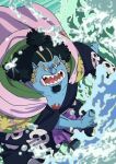  1boy black_eyes black_hair blue_skin chest_tattoo colored_skin commentary_request curly_eyebrows english_commentary facial_hair fish_boy goatee high_ponytail highres jinbe_(one_piece) long_hair male_focus mixed-language_commentary oda_eiichirou official_art one_piece open_mouth ponytail scar scar_across_eye scar_on_face sharp_teeth solo tattoo teeth tusks water webbed_hands 