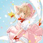  1girl blue_sky brown_hair cardcaptor_sakura confetti dress flying gloves green_eyes hibiki_10000 highres kero_(cardcaptor_sakura) kinomoto_sakura looking_to_the_side magical_girl open_mouth pink_dress pink_hat puffy_short_sleeves puffy_sleeves short_hair short_sleeves sky smile solo wand white_gloves 