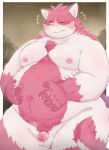 2024 96panda anthro balls belly big_belly blush bungo_(tamacolle) domestic_cat felid feline felis flaccid fur genitals hi_res humanoid_hands kemono male mammal one_eye_closed overweight overweight_male penis pink_body pink_fur small_penis solo tamacolle white_body white_fur