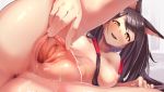  akagi_(azur_lane) animal_ears anus areolae ass azur_lane bangs black_hair blush breasts censored commentary_request crotch eyebrows_visible_through_hair eyeshadow fox_ears fox_tail hair_ornament half-closed_eyes large_breasts long_hair looking_at_viewer lying makeup mosaic_censoring nipples nude on_side open_mouth pussy pussy_juice red_eyes smile solo spread_pussy tail taku_(user_nxgk7748) 