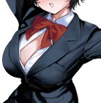  1girl black_coat black_hair blue_archive bow bowtie breast_focus breasts cleavage coat large_breasts nanja open_clothes open_shirt red_bow red_bowtie short_hair simple_background tour_guide tsubaki_(blue_archive) tsubaki_(guide)_(blue_archive) white_background 