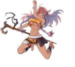  1girl ahoge ankle_wrap ark_order artist_request barefoot bracelet braid breasts cane crop_top dark-skinned_female dark_skin earrings facial_mark full_body grin holding holding_cane jewelry jumping kuafu_(ark_order) large_breasts long_hair looking_at_viewer multicolored_hair navel official_art orange_shirt orange_skirt shirt side_braid sidelocks skirt sleeveless sleeveless_shirt smile solo stomach_tattoo tachi-e tattoo thigh_strap transparent_background tribal twin_braids underboob yellow_eyes 