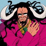  1boy abunaideka beard blue_background facial_hair green_necktie hand_on_own_chest highres horns jacket kaidou_(one_piece) long_hair male_focus necktie one_piece pink_jacket scowl shirt simple_background solo sunglasses upper_body very_long_hair white_horns yellow_shirt 