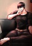  1boy absurdres artist_request barefoot black_hair bulge couch fushiguro_touji green_eyes highres jujutsu_kaisen looking_at_viewer male_focus mature_male midriff_peek muscular muscular_male on_couch open_mouth pants pectorals scar scar_on_face scar_on_mouth seductive_smile shirt short_hair single_barefoot smile solo tight_clothes tight_shirt 
