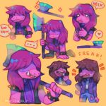  &lt;3 ... 2018 anthro axe book brown_hair chalk clothing deltarune digital_media_(artwork) eating english_text female fist freckles frown grin hair hair_over_eyes hand_on_hip holding_object holding_weapon jacket jeans kneeling melee_weapon mellowkun monster multiple_poses open_mouth pants pink_scales pose purple_hair reptile scales scalie sharp_teeth shirt simple_background smile snout solo speech_bubble spikes susie_(deltarune) teeth text torn_clothing torn_jeans torn_pants watermark weapon wide_eyed yellow_background 