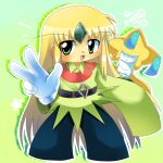  1boy 2000s_(style) blonde_hair can&#039;t_be_this_cute chibi chibi_only emerald_(pokemon) gem green_eyes green_gemstone hair_between_eyes highres jirachi long_hair looking_at_viewer nintendo non-web_source otoko_no_ko pokemon pokemon_adventures pokemon_rse really simple_background sonasan v very_long_hair 