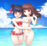  2girls :o beach bikini black_hair blue_sky blush brown_hair child cloud frilled_bikini frills hair_ribbon highres hug looking_at_viewer looking_away ming_ming_(talesrunner) multiple_girls ocean orange_eyes outdoors red_bikini red_eyes ribbon sky summer swimsuit talesrunner tears vera_(talesrunner) white_bikini 