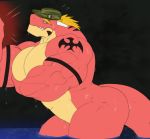  anthro back_muscles bastroceive biceps big_butt big_tail blonde_hair butt camo delga eyebrows green_eyes hair headwear horn huge_muscles male mugen muscular muscular_male nude pecs quads red_scales scales scalie sharp_teeth simple_background solo tattoo teeth thick_thighs triceps water 