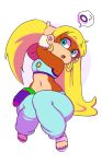  2018 ape blonde_hair clothing donkey_kong_(series) ear_piercing hair kong looking_at_viewer mammal navel nintendo piercing primate sitting speech_bubble tiny_kong video_games 