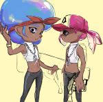  afro bandana baseball_cap black_pants blue_hair cosplay crop_top dark_skin dark_skinned_male hat highres iida_(splatoon) iida_(splatoon)_(cosplay) inkling lavender_eyes looking_at_viewer male_focus mole mole_under_eye mole_under_mouth multiple_boys octarian octoling pants parted_lips pink_hair pointy_ears ponytail sideburns splatoon_(series) splatoon_2 tentacle_hair yellow_kirby 