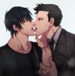 2boys artist_request black_hair contest_winner couple expressionless french_kiss fushiguro_touji half-closed_eyes highres jacket jewelry jujutsu_kaisen kiss male_focus mature_male multiple_boys muscular muscular_male necktie pectorals profile ring saliva scar scar_on_face scar_on_mouth shirt shiu_kong short_hair sideburns t-shirt tongue tongue_out upper_body yaoi 