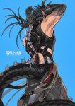  1boy arknights arm_belt arm_tattoo armpits arms_behind_head arms_up bare_shoulders black_hair black_pants blue_background chong_yue_(arknights) crop_top dragon_boy dragon_horns dragon_tail earrings from_side highres horns jewelry looking_ahead male_focus natsushio_(x2i2a) pants pointy_ears simple_background single_earring sleeveless sleeveless_turtleneck solo spine tail tattoo turtleneck upper_body 
