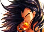  artist_request black_hair close-up closed_eyes dated dragon_ball dragon_ball_(object) dragon_ball_z face fingernails floating_hair glowing hand_to_own_mouth highres light_smile long_hair male_focus raditz simple_background upper_body very_long_hair white_background 