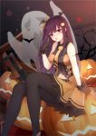  absurdres alternate_costume bangs bat bat_hair_ornament belt bipod black_legwear blush breasts bullpup collared_shirt eyebrows_visible_through_hair food_themed_hair_ornament ghost girls_frontline gloves gun hair_ornament hair_ribbon half_updo halloween hand_up high_heels highres jack-o'-lantern jun.bit large_breasts long_hair looking_at_viewer navel necktie one_side_up open_mouth pantyhose pumpkin_hair_ornament purple_hair red_eyes ribbon rifle shirt sitting skirt sleeveless sleeveless_shirt sniper_rifle solo star sweatdrop very_long_hair wa2000_(girls_frontline) walther walther_wa_2000 weapon 