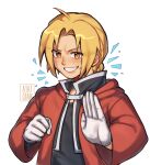  1boy artist_name ayat_chan blonde_hair braid braided_ponytail coat commentary edward_elric fullmetal_alchemist gloves highres hood hooded_coat looking_at_viewer male_focus parted_bangs red_coat simple_background smile solo upper_body white_background white_gloves yellow_eyes 
