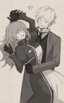  ascot black_gloves black_vest catherine_(project_moon) closed_eyes coat gloves heart highres husband_and_wife jacket jewelry kankan33333 limbus_company linton_(project_moon) long_hair monochrome necklace necktie project_moon short_hair smile vest 