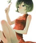  1girl bad_drawr_id bad_id bare_arms bare_legs barefoot breasts china_dress chinese_clothes dress green_eyes green_hair index_finger_raised legs meiriel oekaki original short_hair simple_background sitting small_breasts smile solo star_(symbol) thighs white_background 