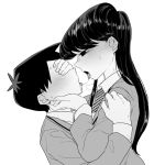  1girl after_kiss akita_(20033203) assertive black_eyes black_hair blush commentary_request covering_eyes face_grab flower greyscale hair_flower hair_ornament hetero highres komi-san_wa_komyushou_desu komi_shouko long_hair looking_at_another monochrome necktie saliva saliva_trail school_uniform shoulder_grab sweat tadano_hitohito upper_body 