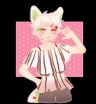  009w ambiguous_gender animal_humanoid beige_skin blush cat_humanoid clothed clothing dress ear_piercing feline food fruit green_eyes hair hair_accessory humanoid looking_at_viewer mammal piercing short simple_background smile solo strawberry white_hair 