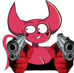 2020 2_horns big_horn black_clothing black_topwear breasts choker cleavage clothed clothing crackers_(qwerty_soda) demon digital_drawing_(artwork) digital_media_(artwork) dual_wielding eyelashes female first_person_view gun handgun heart_(marking) hi_res holding_gun holding_handgun holding_object holding_ranged_weapon holding_weapon horn humor jewelry looking_aside markings meme necklace photography_(artwork) pointing_gun_at_viewer qwerty_soda ranged_weapon red_body red_face red_horn red_skin red_tail simple_background smile solo tail topwear weapon white_background