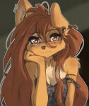 2024 anthro apogee_(tinygaypirate) arm_tattoo breasts brown_eyes brown_hair canid canine canis clothed clothing countershade_torso countershading domestic_dog ear_piercing female flesh_tunnel front_view fur hair hi_res inner_ear_fluff long_hair looking_at_viewer mammal one_ear_up piercing small_breasts smile solo tan_body tan_fur tattoo tinygaypirate topwear tuft