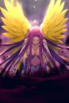  1girl breasts bustier cleavage collarbone echo_(circa) fate/grand_order fate_(series) feathered_wings forehead gorgon_(fate) gorgon_(third_ascension)_(fate) large_breasts long_hair long_sleeves medusa_(fate) monster_girl navel parted_bangs purple_eyes purple_hair sidelocks snake_hair very_long_hair water wings 