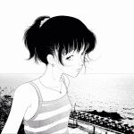  1girl album_cover camisole collarbone cover expressionless flat_chest greyscale highres horizon jewelry looking_at_viewer monochrome necklace ocean original outdoors parted_lips ponytail short_hair short_ponytail sky upper_body water yamamoto_naoki 