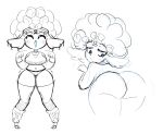2021 anthro big_butt big_hair bovid butt butt_focus clothing curled_hair digital_drawing_(artwork) digital_media_(artwork) eyes_closed female hair hi_res long_ears looking_back_at_self mammal midriff motion_lines mouth_closed multiple_poses pose qwerty_soda simple_background sketch smile solo standing thick_thighs topwear underwear white_background