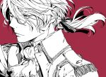  1boy ascot bad_drawr_id bad_id closed_mouth epaulettes greyscale_with_colored_background hair_between_eyes hair_ribbon long_hair low_ponytail male_focus meiriel monochrome oekaki original ponytail portrait red_background ribbon simple_background solo 