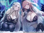  2girls absurdres artist_request aurora azur_lane bare_shoulders blonde_hair blue_eyes blush breasts brown_eyes brown_hair cleavage coat collarbone commentary_request company_connection company_name copyright_name crossed_arms elbow_gloves fur_trim gloves hair_ornament halterneck hat highres kronshtadt_(azur_lane) large_breasts logo long_hair long_sleeves looking_at_viewer mole mole_on_breast mole_under_eye multiple_girls night night_sky official_art open_mouth outdoors pantyhose sky squatting sweat sweatdrop thighhighs thighs tree volga_(azur_lane) 