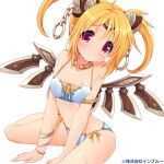  1girl alternate_costume armlet artificial_wings bare_shoulders bikini blonde_hair breasts brown_wings chain character_request choker cleavage closed_mouth commentary_request copyright_notice cross-laced_bikini cross-laced_clothes feet_out_of_frame hairpods hands_on_ground light_blush light_smile looking_at_viewer lowres mabinogi multiple_bracelets navel official_art pointy_ears red_eyes ribbon short_hair short_twintails small_breasts solo stomach swimsuit transparent_background twintails usamata white_bikini wings yellow_ribbon 