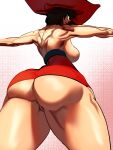  1girl anus anus_peek ass ass_focus back back_muscles back_turned backboob black_hair bob_cut breasts closed_mouth cowboy_shot curvy from_behind from_below green_eyes guilty_gear guilty_gear_xx hat high-waist_skirt highres huge_ass i-no large_breasts legs_apart looking_at_viewer looking_back looking_down microskirt narrow_waist naughty_face outstretched_arms partially_visible_vulva pivotkraner red_hat red_leather red_skirt shiny_skin short_hair shoulder_blades skirt smirk solo spread_arms standing striped_background thick_thighs thighs tight_clothes toned topless triceps underbutt wide_hips witch_hat 