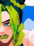  1girl blue_eyes braid close-up cloud commentary_request crying crying_with_eyes_open green_hair green_lips hair_bun jojo_no_kimyou_na_bouken kujo_jolyne looking_down looking_to_the_side multicolored_hair natchan_blue_(nanairopenki) parted_lips sidelocks sky solo tears two-tone_hair upper_body 