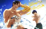  2496oyakodon 2boys black_hair blurry depth_of_field fushiguro_megumi fushiguro_touji hand_in_own_hair holding holding_hose hose jujutsu_kaisen looking_at_viewer male_focus mature_male multiple_boys nipples pectorals scar scar_on_face scar_on_mouth short_hair smile summer toned toned_male undressing upper_body wet wet_hair 