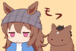  1girl animal_ears beanie brown_hair chibi commentary_request creature_and_personification ears_through_headwear fluffy gomashio_(goma_feet) grey_hat hair_between_eyes hat horse horse_ears horse_girl messy_hair minimized nakayama_festa_(racehorse) nakayama_festa_(umamusume) orange_background pink_eyes shirt simple_background sound_effects sound_effects_only translated umamusume upper_body white_shirt 