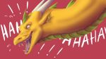  2017 digital_media_(artwork) dragon ear_fins fangs ferrety-lixciaa fin green_eyes headshot_portrait horn laugh long_neck open_mouth orange_skin portrait reaction_image red_background sharp_teeth side_view simple_background spines teeth tongue 