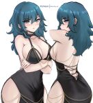  1girl absurdres bare_arms bare_shoulders black_choker black_dress blue_eyes blue_hair breasts byleth_(female)_(fire_emblem) byleth_(fire_emblem) chascoby choker cleavage commentary crossed_arms dress fire_emblem fire_emblem:_three_houses highres large_breasts long_hair looking_at_viewer multiple_views parted_lips simple_background sleeveless sleeveless_dress upper_body white_background 